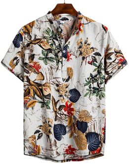 Zomer Shirt Mannen Etnische Gedrukt Stand Kraag Katoen Linnen Streep Korte Mouwen Losse Hawaiian Henley Shirt Hawaiian Shirts # Guahao XL