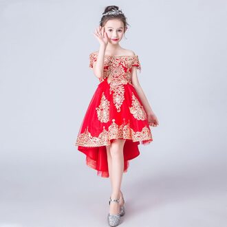 Zomer Stijl Meisjes Prinses Rok Rood off-Schouder Tailing Formele Jurk Meisjes Avondjurk MEISJE Puffy Garen 110 Cm / 150 Cm