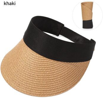 Zomer Stro Cap Zonnehoed Vizieren Draagbare Grote Brede Rand Toevallige Vrouwen Outdoor Uv Bescherming Roll-Up Strik Strand hoed khaki