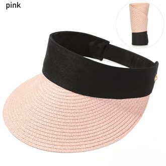 Zomer Stro Cap Zonnehoed Vizieren Draagbare Grote Brede Rand Toevallige Vrouwen Outdoor Uv Bescherming Roll-Up Strik Strand hoed roze