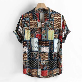 Zomer Vintage Etnische Stijl Mannen Shirt Casual Tops Streetwear Mannen Hawaiian Shirts Stand Kraag Camisa Masculina # C Xl