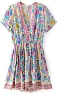 Zomer Vintage Vogels Bloemenprint Casual Boho Mini Jurk Vrouwen V-hals Korte Mouwen Beach Jurken Vestidos Mujer