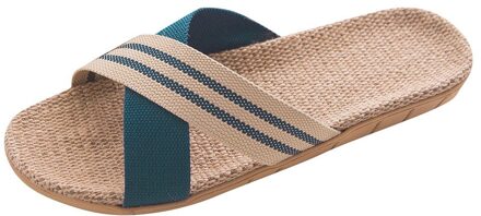 Zomer Vlas Slippers Mannen Casual Linnen Slides Cross Strap Antislip Thuis Slippers Indoor Open Teen Zachte Platte Schoenen strand Slippers Blauw / 40-41