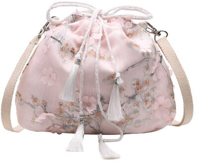Zomer Vrouwen Flap Emmer Zakken Vintage Chinoiserie Crossbody Schoudertas Koord Messenger Mobiele Telefoon Organizer roze