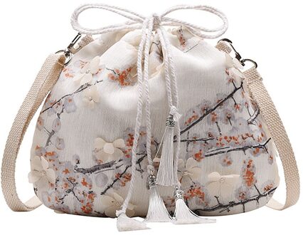 Zomer Vrouwen Flap Emmer Zakken Vintage Chinoiserie Crossbody Schoudertas Koord Messenger Mobiele Telefoon Organizer wit