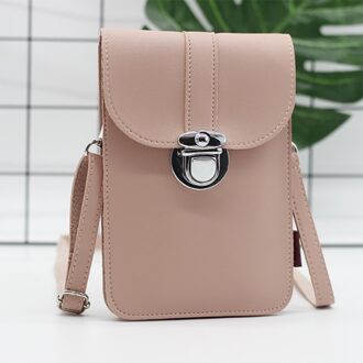 Zomer Vrouwen Outdoor Pu Leather Pocket Portemonnee Crossbody Schoudertas Mode Lock Decoratieve Mobiele Telefoon Touch Screen Roze