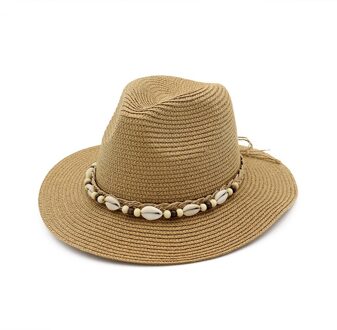Zomer Vrouwen Stro Jazz Hoed Dames Fedora Hoeden met Kwastje Shell Lint Outdoor Strand Zonnehoed Party Wedding Formele Panama Hoed khaki