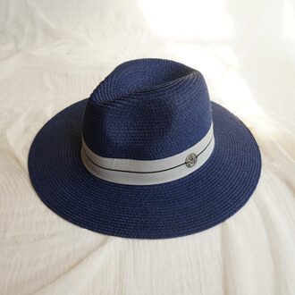 Zomer Vrouwen Wide Brim Straw Fedora Hoeden Met Letters Chapeu Feminino Zon Strand Caps SDDS127 marine blauw
