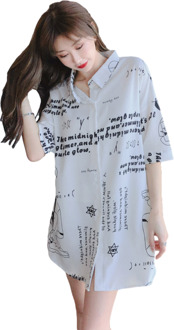 Zomer Vrouwen Wit Nachthemd Nachtkleding Turn-Down Kraag Sexy Chiffon Casual Modieuze Pyjama Halve Mouwen Print Xl