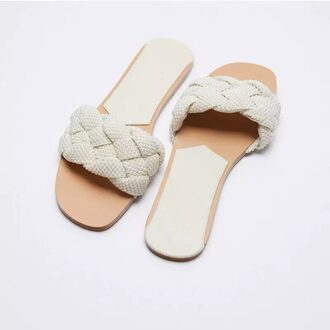 Zomer Witte Faux Parel Gevlochten Platte Sandalen Vrouwelijke Toevallige Slippers 4