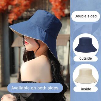 Zomer Zonnebrandcrème Dubbelzijdige Visser Hoed Vrouwelijke Gezicht Anti-Ultraviolet Grote Rand Zonnescherm Hoed Dubbele-zijdig Emmer Hoed marine blauw-beige