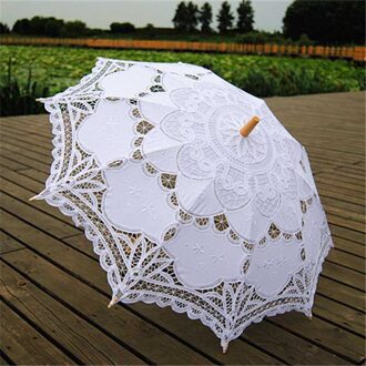 Zon Kant Paraplu Parasol Borduurwerk Mode Houten Handvat Voor Bruiloft Bruid Vrouwen G10 wit