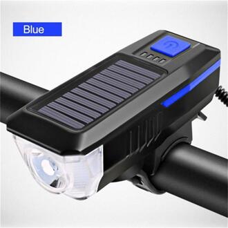 Zonne-energie Fietslicht Met Hoorn T6 Led Road Mountainbike Front Light Usb Oplaadbare Koplamp 3 Modes Cycling Hoofd lamp Blauw