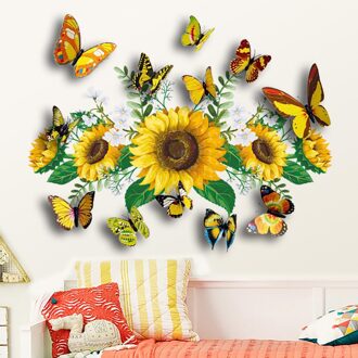 Zonnebloem Muur Sticker Verwijderbare Bloem Decal Waterdicht 3d Bloemen Vlinder Behang Voor Kids Baby Slaapkamer Woonkamer Decor