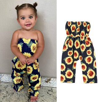 Zonnebloem Print Meisje Jumpsuits 2-7Y Kid Overalls Baby Girl Outfit Kleding Mouwloze Off Shoulder Romper Jumpsuit 3T
