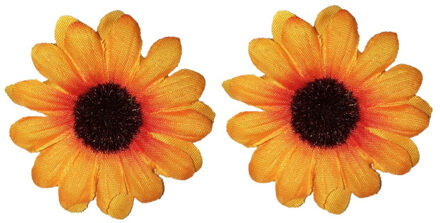 Zonnebloem verkleed broche speldje - 2x - dia 5 cm - haarbloem - verkleed accessoires