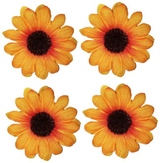 Zonnebloem verkleed broche speldje - 4x stuks - dia 5 cm - haarbloem - verkleed accessoires