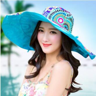 Zonnehoed Voor Vrouwen Opvouwbare Zomer Grote Rand Strand Hoed Cap Omkeerbare Bloem Gedrukt Brede Rand Vrouwelijke Panama 6 Kleuren Blauw
