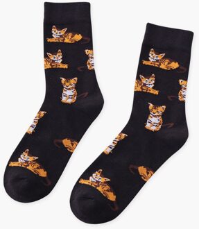 Zoo Korte Teckel Shiba Inu Sokken Tijger Beagle Vrouwen Leuke Varken Hond Buldog Gezellige Sokken Katoenen Dames Patroon Dier Sokken donker grijs kat