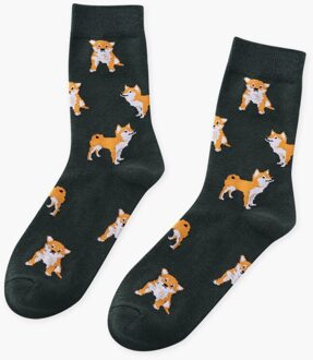 Zoo Korte Teckel Shiba Inu Sokken Tijger Beagle Vrouwen Leuke Varken Hond Buldog Gezellige Sokken Katoenen Dames Patroon Dier Sokken donker groen hond