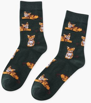 Zoo Korte Teckel Shiba Inu Sokken Tijger Beagle Vrouwen Leuke Varken Hond Buldog Gezellige Sokken Katoenen Dames Patroon Dier Sokken donker groen kat