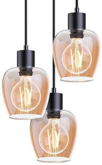 Zora - LED Hanglamp Glas - Amberkleurig - 3 lichtpunten - E27 - Zwart - IP20 - Hanglamp glazen bollen