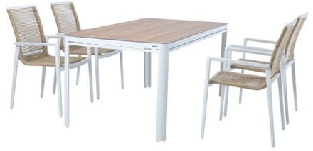 Zora Tuinset met 4 stoelen in Wit & Hout look Dining set voor tuin in Aluminium / PSPC Bruin