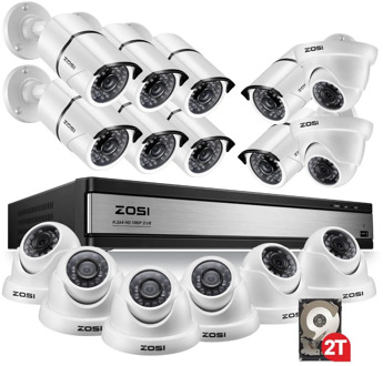 ZOSI 1080p 16CH Video Surveillance System with 16pcs 2.0MP Night Vision Outdoor/Indoor Home Security Cameras 16CH CCTV DVR Kit