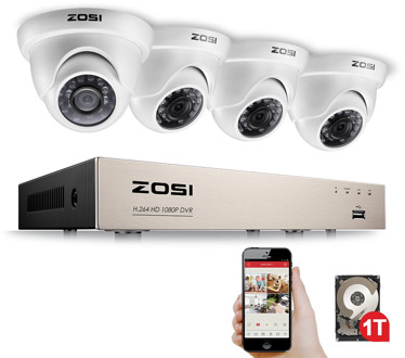 ZOSI 4CH FULL 1080P Video Security Camera System, 4 White Weatherproof 1920TVL 2.0MP Cameras,4 Channel 1080P HD-TVI DVR with 1TB