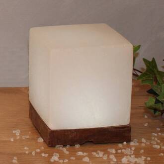 Zoutlamp White Line Kubus met lamphouder, USB wit, hout