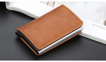Zovyvol Slim Mini Portemonnee Aluminium Doos Credit Kaarthouder Beveiliging Rfid Houder Pop-Up Clutch Card Case voor Mannen En Vrouwen bruin K9109