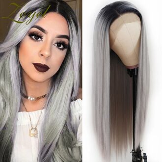 Zoyel Lange Rechte Lace Front Pruik Ombre Grijs Hittebestendige Synthetisch Haar Pruiken Voor Vrouwen Voor Dagelijks Dragen 24 inches