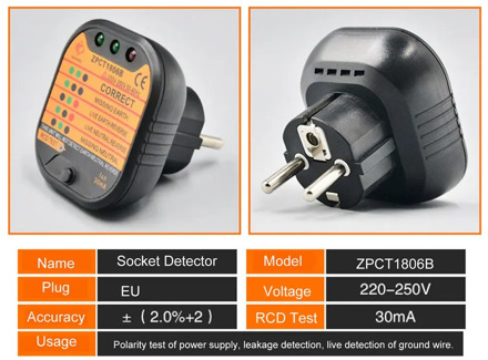 ZPCT1806B Outlet Socket Tester Detector Circuit Polarity Voltage Plug Breaker EU Ground Zero Line Switch Safety Electroscope