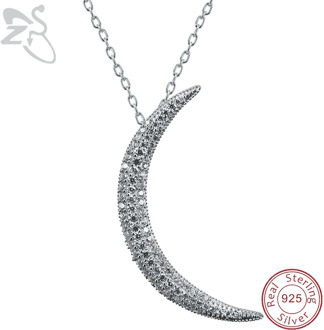 ZS Crescent Moon Pendant Necklace for Women Paved CZ Crystal Moon Pendant 925 Sterling Silver Necklace Islam Jewelry Israeli