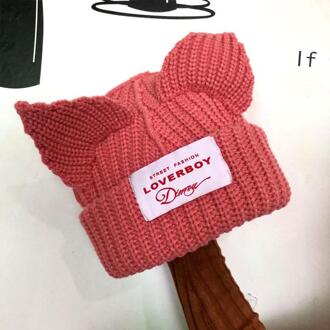 Zuid-korea Ins Kat Oor Wollen Gebreide Muts Vrouwen Casual Veelzijdige Netto Rode Warme Herfst En Winter Bescherming Hoofddeksels Roze