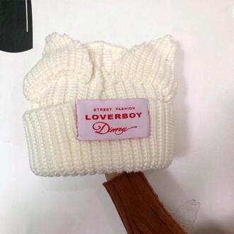 Zuid-korea Ins Kat Oor Wollen Gebreide Muts Vrouwen Casual Veelzijdige Netto Rode Warme Herfst En Winter Bescherming Hoofddeksels wit
