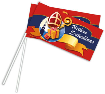 Zwaaivlaggetje Welkom Sinterklaas - 4x - 38 cm - Handvlaggetje Sint en Piet - 5 December versiering Rood