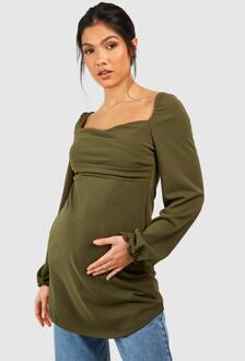 Zwangerschap Gedrapeerde Top Met Shirtmouwen, Khaki - 38