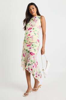 Zwangerschaps Bloemen Mesh Drop Hem Midi Jurk, Lemon - 44