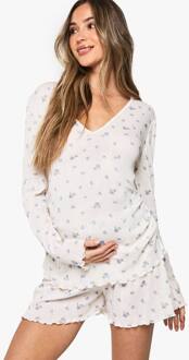 Zwangerschaps Ditsy Pointelle Top Met Knoopjes & Korte Pyjama Set, Cream - 36