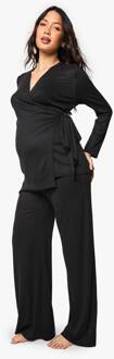 Zwangerschaps Geborstelde Rib Wrap Tie Top En Broek Loungewear Set, Black - 44