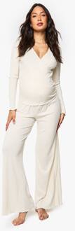 Zwangerschaps Geborstelde Rib Wrap Top Met Lettuce Zoom & Broek Loungewear Set, Ecru - 42