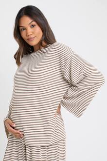 Zwangerschaps Gestreepte Geribbelde Top Met Lange Mouwen, Stone - 36