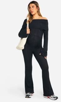 Zwangerschaps Jumpsuit Met Getextureerde Stof, Diepe Bardot, Schoudervrij, Lange Mouwen En Uitlopende Pijpen, Black - 42