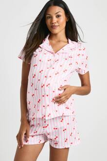 Zwangerschaps Kersenstreep Pj Korte Mouw & Korte Pj Set, Pink - 46