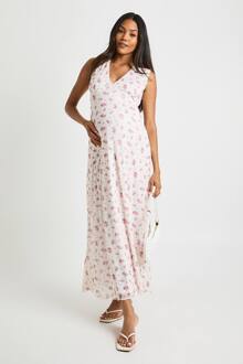 Zwangerschaps Maxi-Jurk Met Bloemenprint, Mesh En Ruches, Cream - 38