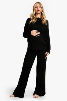 Zwangerschaps Pyjama Set Met Lange Mouwen Top Met Knoopsluiting & Broek Met Wijde Pijp, Black - 38