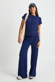 Zwangerschaps Top Met Gerimpelde Rib, Doorlopende Knoopsluiting En Capmouwen En Broekset, Navy - 38