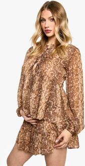 Zwangerschaps Top Met Strik Aan De Voorkant, Chiffon, Slangenprint, Lange Mouwen, Losse Pasvorm, Brown - 42