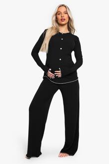 Zwangerschapscontrasterend Detail Geribbelde Button-Down Top & Pyjamabroek Set, Black - 36